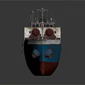 Blue And Brown Cargo Ship With Deck Loaded Pipe Containers And Masts