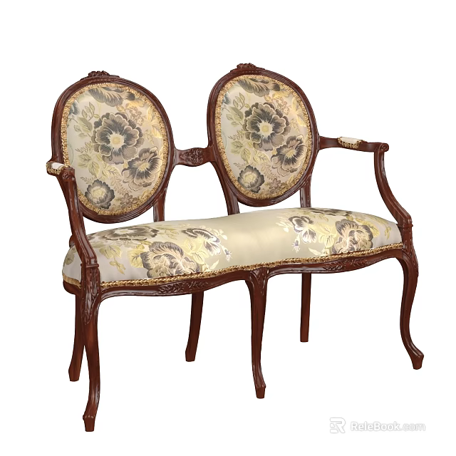 Classic Double Sofa With Carved Wooden Frame Floral Pattern Fabric And Beige Cushion 3d model 