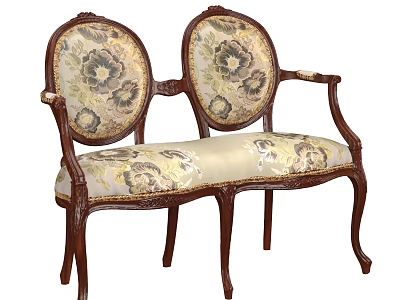 Classic Double Sofa With Carved Wooden Frame Floral Pattern Fabric And Beige Cushion 3d model