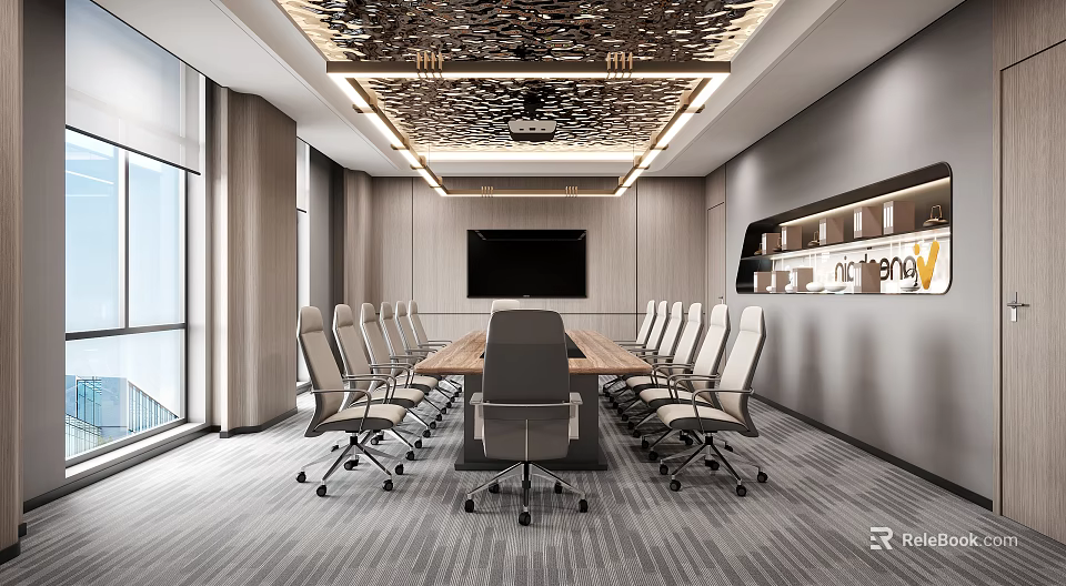 Modern Conference Room Interior Design With Long Conference Table Ergonomic Chairs And Large Screen 3d model 
