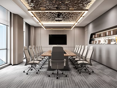 Modern Conference Room Interior Design With Long Conference Table Ergonomic Chairs And Large Screen 3d model