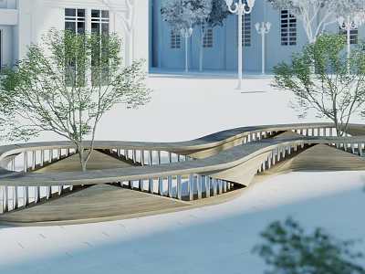 Modern Wooden Landscape Seating With Wavy Design Surrounded By Trees White Buildings And Street Lamps 3d model