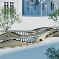 Modern Wooden Landscape Seating With Wavy Design Surrounded By Trees White Buildings And Street Lamps