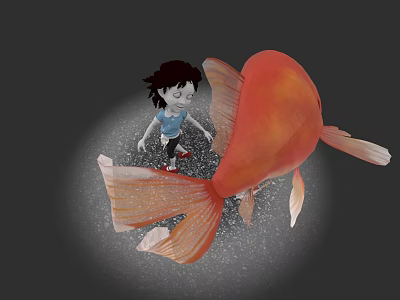 Large Red Goldfish Interacting With Child And Bubbles In Underwater Scene 3d model