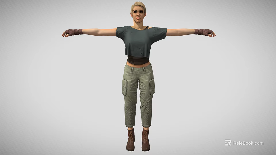 Game Movie Character with Blonde Hair Black Crop Top Green Cargo Pants and Brown Boots 3d model 