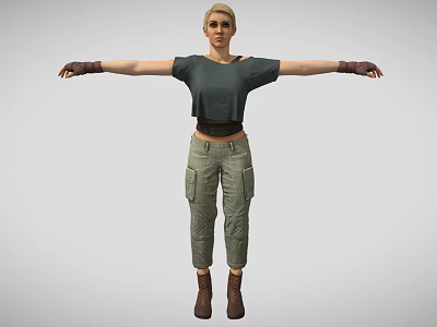 Game Movie Character with Blonde Hair Black Crop Top Green Cargo Pants and Brown Boots 3d model