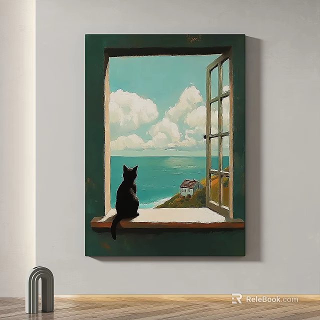 Black Cat Sitting by Open Window Oil Painting with Sea View Clouds and Small House 3d model 