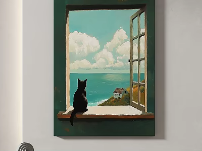 Black Cat Sitting by Open Window Oil Painting with Sea View Clouds and Small House 3d model