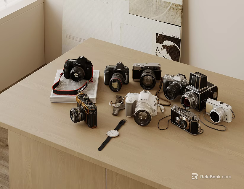 Diverse Collection Of Digital Cameras With Vintage And Modern Designs On Wooden Desk 3d model 