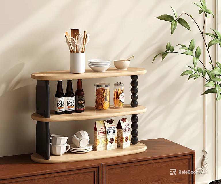Two Tiered Light Wood Storage Shelf With Kitchen Utensils Bowls Beer And Snacks 3d model 
