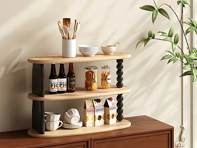 Two Tiered Light Wood Storage Shelf With Kitchen Utensils Bowls Beer And Snacks 3d model