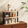 Two Tiered Light Wood Storage Shelf With Kitchen Utensils Bowls Beer And Snacks