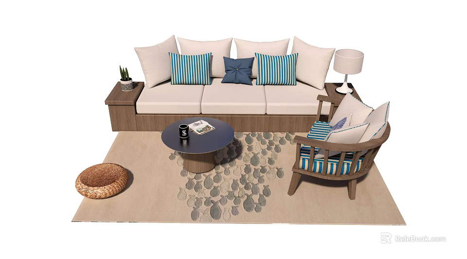 Sofa Coffee Table Combination With Striped Pillows Accent Chair And Patterned Area Rug 3d model