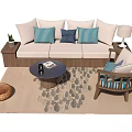 Sofa Coffee Table Combination With Striped Pillows Accent Chair And Patterned Area Rug 3d model