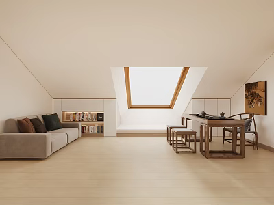 Duplex Living Room Interior Design With Skylight Sofa Bookshelf And Wooden Floor 3d model