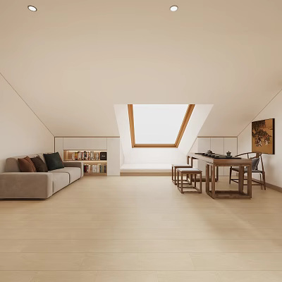 Duplex Living Room Interior Design With Skylight Sofa Bookshelf And Wooden Floor 3d model