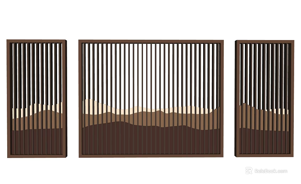 Modern Room Dividers With Vertical Slats Dark Brown Frame And Mountain Pattern 3d model