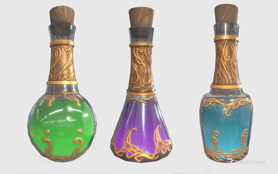 Colorful Magic Potion Bottles With Green Purple Blue Glass And Gold Ornate Details 3d model 