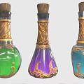 Colorful Magic Potion Bottles With Green Purple Blue Glass And Gold Ornate Details
