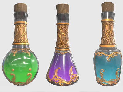 Colorful Magic Potion Bottles With Green Purple Blue Glass And Gold Ornate Details 3d model