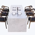 Outdoor Table With Long Rectangular Grey Stone Top And Six Chairs With White Plates 3d model