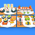 Colorful Japanese Sushi Platter With Salmon Crab Sticks Small Octopus On Orange Trays Blue Background