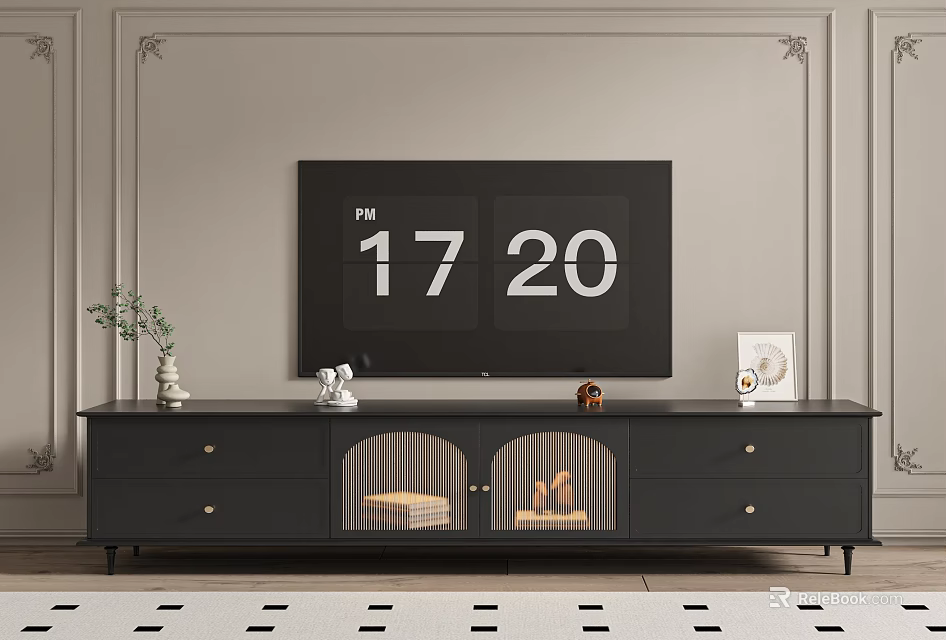 Black TV Stand With Flat Screen TV Drawers Glass Doors And Decorative Items 3d model 