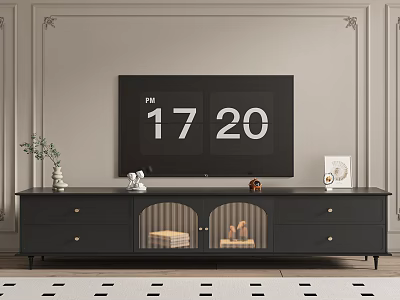 Black TV Stand With Flat Screen TV Drawers Glass Doors And Decorative Items 3d model
