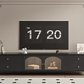 Black TV Stand With Flat Screen TV Drawers Glass Doors And Decorative Items