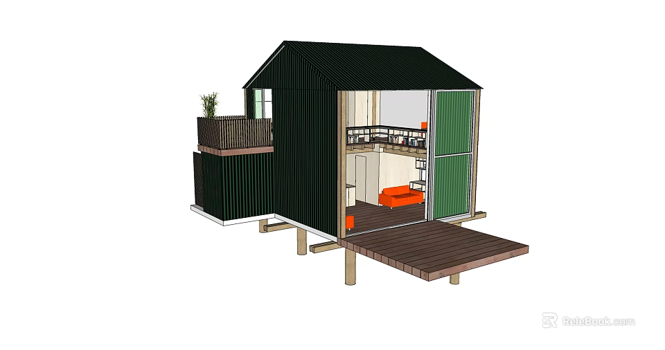 Small Elevated House Design Featuring Green Walls Black Roof Orange Sofa Wooden Deck Plant Balcony 3d model 