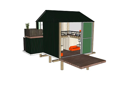 Small Elevated House Design Featuring Green Walls Black Roof Orange Sofa Wooden Deck Plant Balcony 3d model