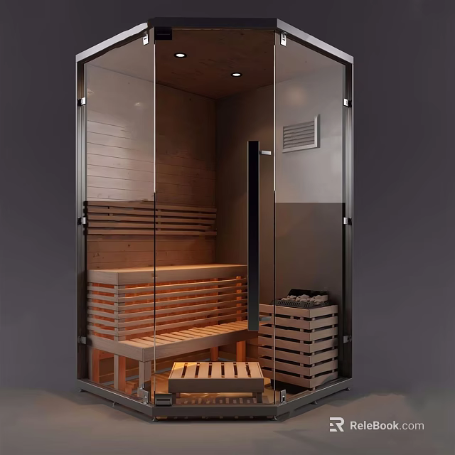 Modern Shower Sauna Cabin Interior With Wooden Benches And Glass Doors 3d model 