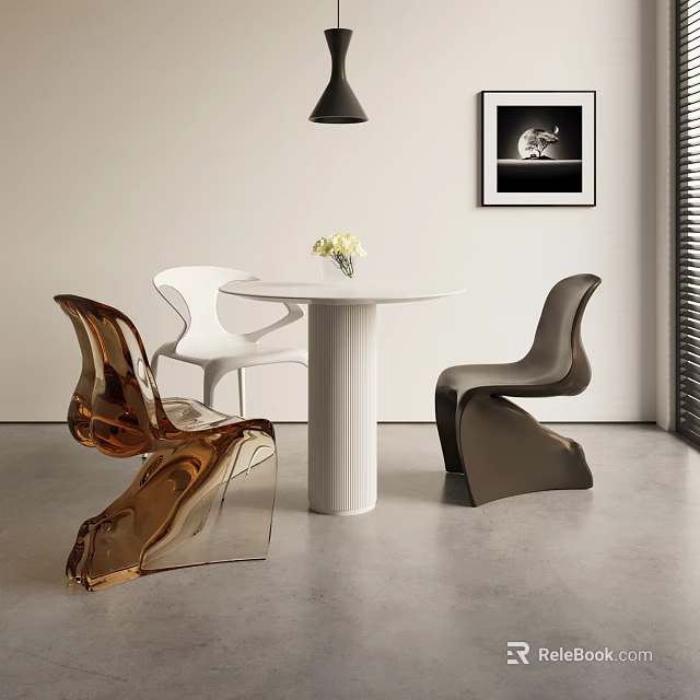 Modern Minimalist Round Table and Chairs Set With Golden Acrylic White Dark Gray Chairs 3d model 