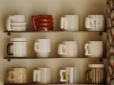 Decorative Ornament Set Featuring Various Colored Mugs On Tiered Shelves With Patterns 3d model