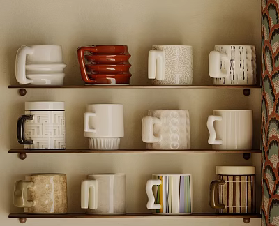 Decorative Ornament Set Featuring Various Colored Mugs On Tiered Shelves With Patterns 3d model