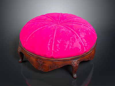 Round Bright Pink Velvet Footstool With Carved Wooden Legs And Classic Design 3d model