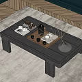 Modern Dark Wooden Coffee Table With Tea Set Tray And Vase On Living Room Carpet