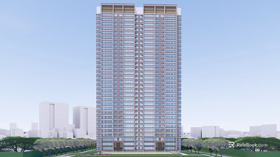 Modern High Rise Building Exterior Design With Glass Windows And Surrounding Green Trees 3d model 