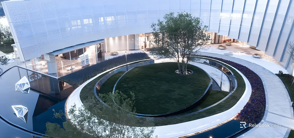 Modern Sales Office Building With Circular Lawn Courtyard And Glass Curtain Walls 3d model 