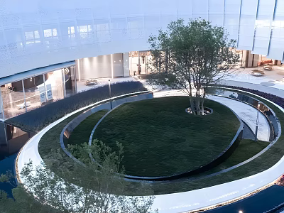 Modern Sales Office Building With Circular Lawn Courtyard And Glass Curtain Walls 3d model