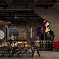 Modern Bar Interior Design With Stone Wall Large Screen And Comfortable Tables Chairs 3d model
