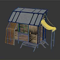 Rustic Wooden Cabin With Blue Roof Transparent Panels Elevated Legs Window Patterned Curtain And White Canopy