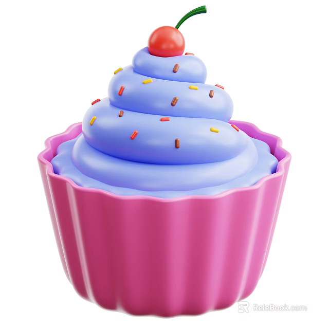 Pink Cupcake With Blue Frosting Colorful Sprinkles And Red Cherry 3d model 