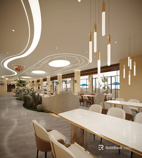Modern Restaurant Interior Design With Curved Ceiling Hanging Pendant Lights Dining Tables And Green Plants 3d model 