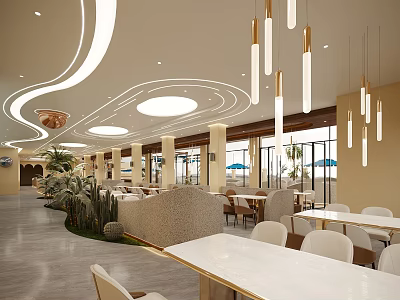 Modern Restaurant Interior Design With Curved Ceiling Hanging Pendant Lights Dining Tables And Green Plants 3d model