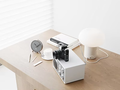 Stylish Decorative Ornament Set with Camera Table Lamp Book Cup and Pens on Wooden Desk 3d model
