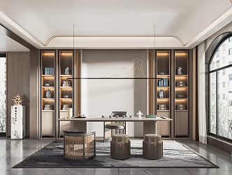 New Chinese Style Tea Room Study Desk and Chair Tea Table and Chair Desk Bookcase Desk Leisure Chair Chandelier Decorative Cabinet 3d model