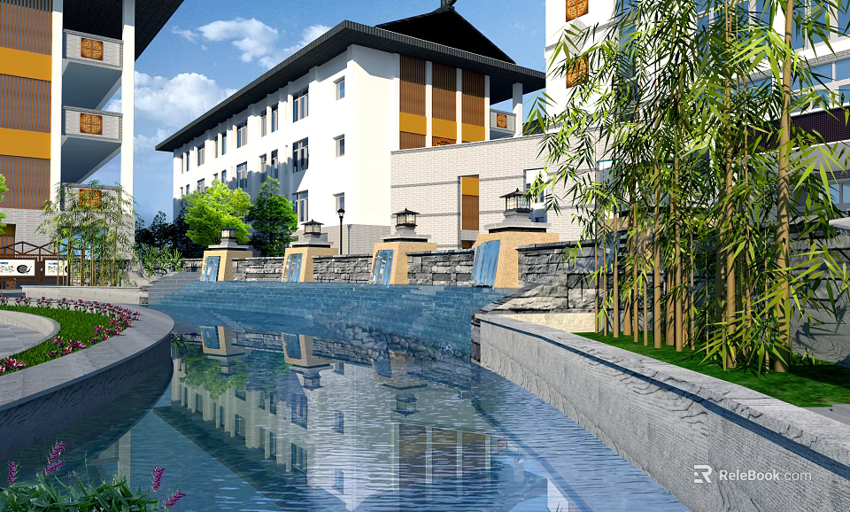 Tranquil Garden Landscape With Modern Building Water Reflections Bamboo And Stone Lanterns 3d model 