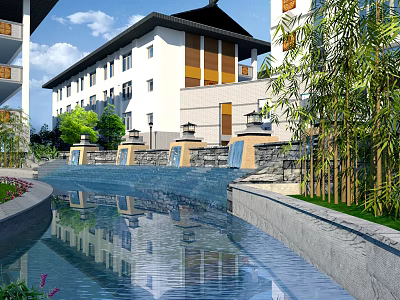 Tranquil Garden Landscape With Modern Building Water Reflections Bamboo And Stone Lanterns 3d model