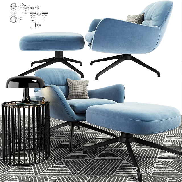 Modern Blue Leisure Chair With Ottoman And Black Metal Legs In Living Room 3d model 